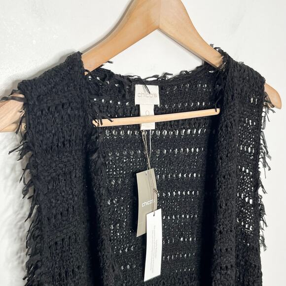 Chicos Womens Fringe Francine Vest Small Black Open Front Boho Layering Knit - Picture 6 of 12